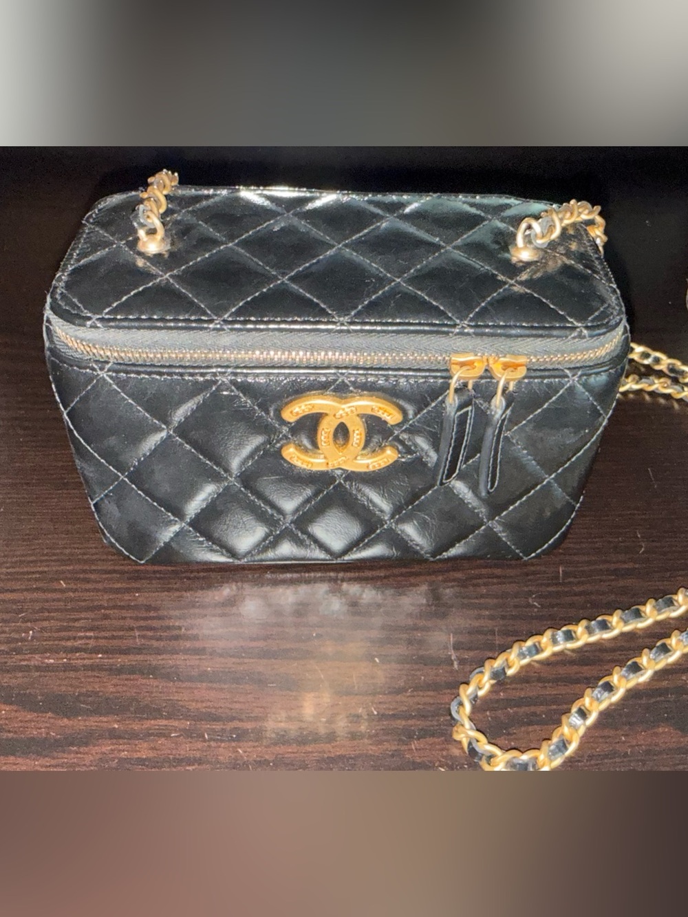CHANEL Black Quilted Leather Vanity Crossbody with Gold CC